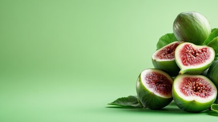 This artistic image captures a stack of fresh figs against a green backdrop, emphasizing their juicy interior and vibrant skin, representing health and nature's bounty visually.