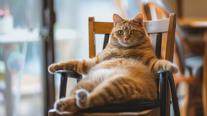 Relaxed cat lounging on a wooden chair.