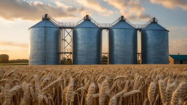 Four tall metal grain silos stand in a golden wheat field, illuminated by the warm light of sunset. The scene captures the essence of agriculture and rural farming landscapes.