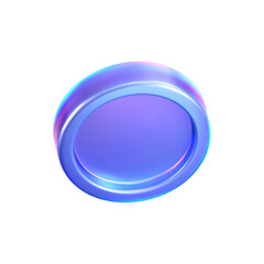 3D holographic coin icon with purple neon effect, isolated on white background. Iridescent chrome coin render, game token, casino chip, digital currency or holo reward medal. 3D vector illustration