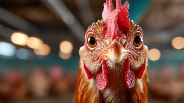 A captivating close-up of a chicken looking directly at the camera, showcasing its detailed features and the connection between humans and farm life.