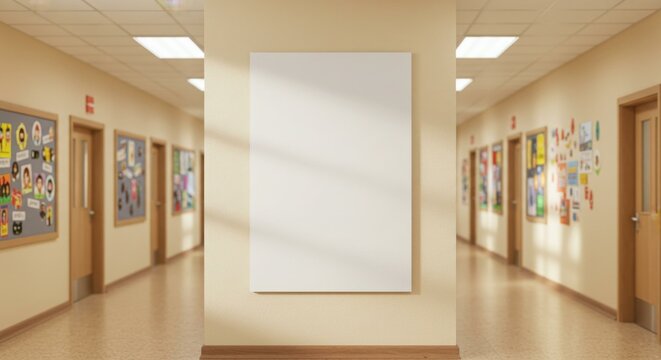 Blank white canvas hangs on a wall in a school hallway, surrounded by bulletin boards and doors.