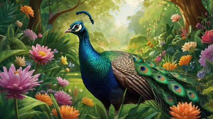 Fototapeta premium Vibrant peacock amidst a lush floral garden