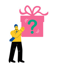 Business man holding gift box with a question mark. Flat vector illustration isolated on white background