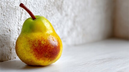 Ripe Pear with Reddish-Brown Speckles Resting on a Wooden Surface