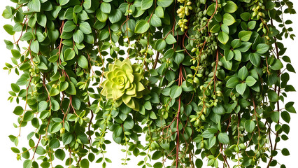 Lush green succulent leaves mixed with hanging vines, ivy, and epiphytic plants, cascading naturally in a decorative arrangement.