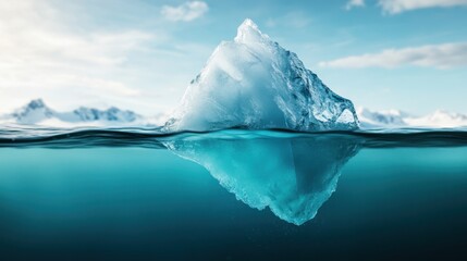 A majestic iceberg rises above the tranquil sea surface, reflecting the sky, capturing the beauty and fragility of nature's icy landscapes and climate change issues.