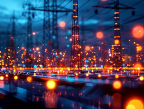 Abstract representation of a digital network with power pylons, glowing lines and bokeh against a blue background.