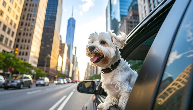 Dog in car window city view