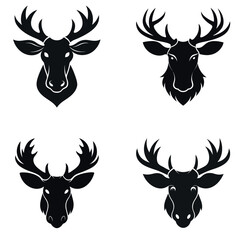Four Black and White Deer Head Silhouettes with Antlers on a White Background