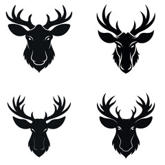 Four Black and White Deer Head Silhouettes with Antlers, Designs Isolated