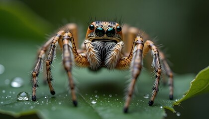 Jumping Spider on Leaf with Water Drops