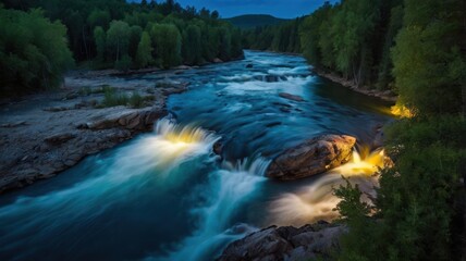 River cascade at twilight, illuminated falls
