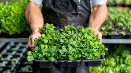 Farmer holding a tray of fresh green spinach seedlings in a greenhouse, sustainable agriculture concept.