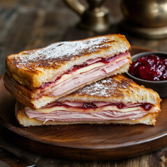A golden-brown Montecristo sandwich, dusted with powdered sugar, cut in half to reveal layers of ham, turkey, and melted Swiss cheese