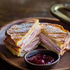 A golden-brown Montecristo sandwich with jam