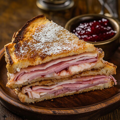 A Montecristo sandwich, dusted with powdered sugar, cut in half to reveal layers of ham, turkey, melted Swiss cheese and jam