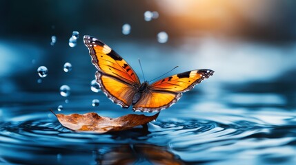 Obraz premium This image illustrates a butterfly resting on a water-drenched leaf, capturing the delicate beauty of nature and the intricate connection between life and water.