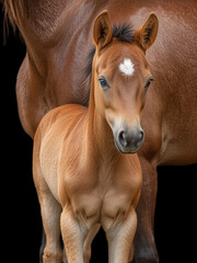 Fototapeta premium Close-up of a brown thoroughbred filly foal standing close to mare isolated on black background.