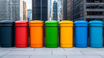 Fototapeta premium Colorful recycling bins lined up on a city sidewalk with skyscrapers in the background.
