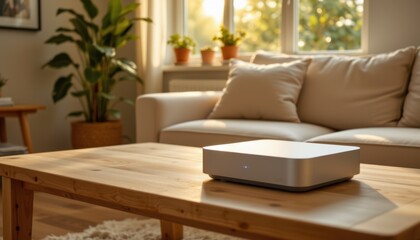 Fototapeta premium Home living room ambient technology setup cozy atmosphere modern style natural light minimalist design