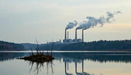 Obraz premium Industrial pollution impact at power plant scenic lake reflection environmental awareness calm atmosphere panoramic view