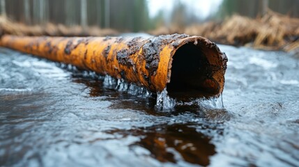 A close-up view of a rusty pipe discharging water into a flowing stream, reflecting the issues of pollution and environmental concerns related to urban infrastructure and maintenance.