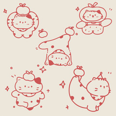 Seamless pattern with doodle cats among stars. Continuous one line kittens. Feline in different poses. Animals sit, lay,relax. Childish monochrome print,wrapping paper. Modern drawing with domestic pe