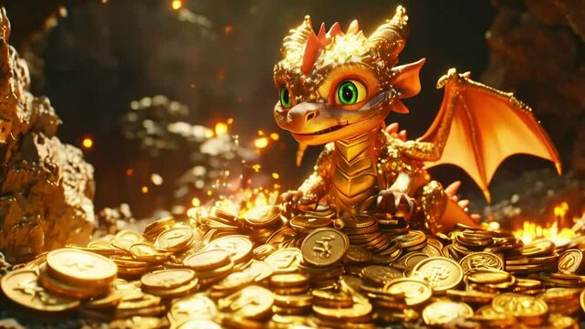 Golden dragon sits atop a hoard of shiny gold coins in its lair