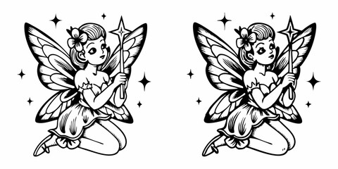 Fototapeta premium Two fairies with wings holding star wands surrounded by stars in a black and white illustration | eps vectors silhouette
