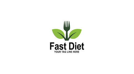 Fast Diet Logo Design with Green Leaves and Fork, Healthy Eating Concept, Organic Food Branding, Vector Illustration