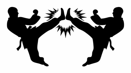Two silhouetted figures performing a synchronized high kick in a martial arts demonstration style pose | eps vectors