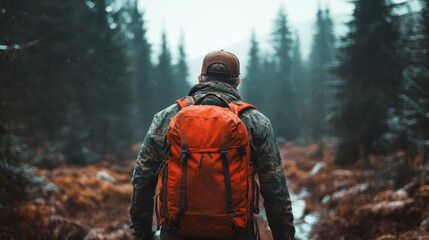 A solitary figure with an orange backpack traverses a foggy forest, evoking themes of exploration and connection with nature, ideal for adventure and travel themes.