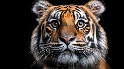Fototapeta premium A mesmerizing close-up portrait of a tiger, showcasing its stunning facial features and intense gaze, symbolizing strength and beauty in the animal kingdom and evoking awe.
