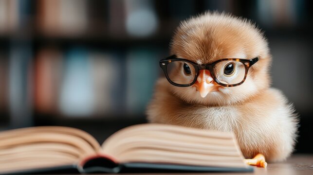 A adorable chick wearing glasses curiously reads a book, evoking a sense of whimsy and playful intelligence, symbolizing the joy of learning and discovery in a fun way.