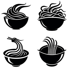 Monochrome Illustrations Four Bowls of Ramen, Black and White Design Elements
