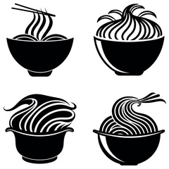 Stylized Black and White Illustration of Four Bowls Filled with Noodles and Chopsticks