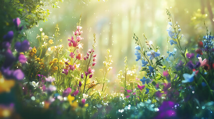 Fototapeta premium A vibrant garden filled with colorful flowers bathed in sunlight, creating a serene and enchanting atmosphere.