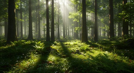 Obraz premium Sunbeams Illuminating a Mystical Forest Serene Nature Photography