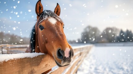 Obraz premium A majestic horse stands gracefully in a snowy landscape, surrounded by falling snowflakes, evoking the serene beauty of winter and the tranquility of the countryside.