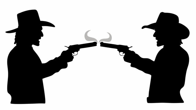 Two cowboys in a standoff shooting guns with smoke in black silhouette on a white background scene | eps vectors