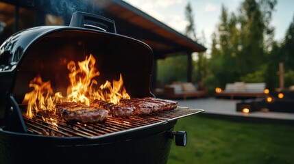 Juicy steaks sizzle over flames on a grill in a backyard setting, capturing the essence of outdoor cooking, gatherings, and the joy of food shared with friends and family.