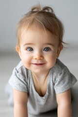 Fototapeta premium Happy little girl crawling with joy in a bright indoor space, captured in soft natural light with a friendly vibe
