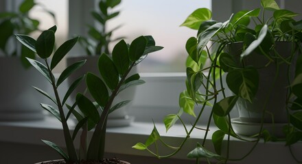 Obraz premium Indoor Plants on Windowsill ZZ Plant, Pothos, and More