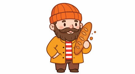 Cute Cartoon Man with Beard and Beanie Holding Baguette

