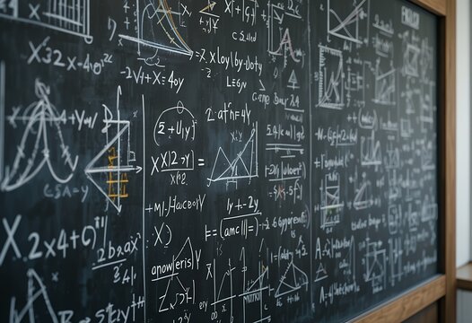 Complex mathematical equations and geometric diagrams written all over a classroom chalkboard illustrating advanced problem solving
