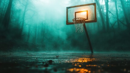 A striking image of a basketball hoop leaning against a fog-covered forest, blending the realms of sport and nature in an atmosphere filled with mystery.