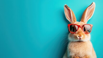This humorous and trendy image features a cute rabbit wearing bright red sunglasses against a vibrant turquoise backdrop, combining playful aesthetics with amusing charm.