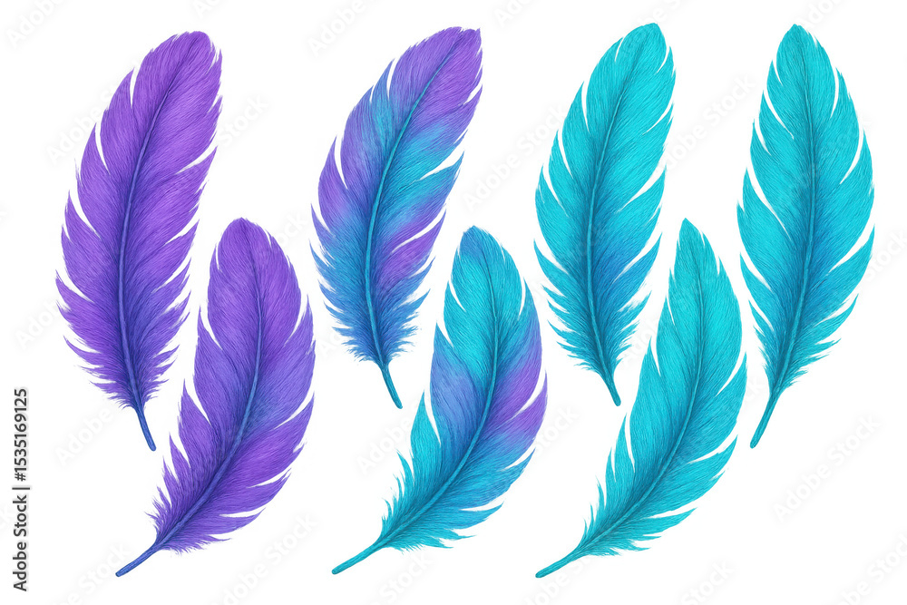 Poster six colorful feathers are floating on a transparent background, creating a vibrant and ethereal imag