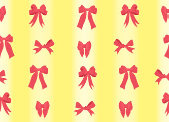 Seamless pattern with red bow knot on striped yellow background. Trendy hair braiding accessory. illustration for wrapping paper, packaging, fabric